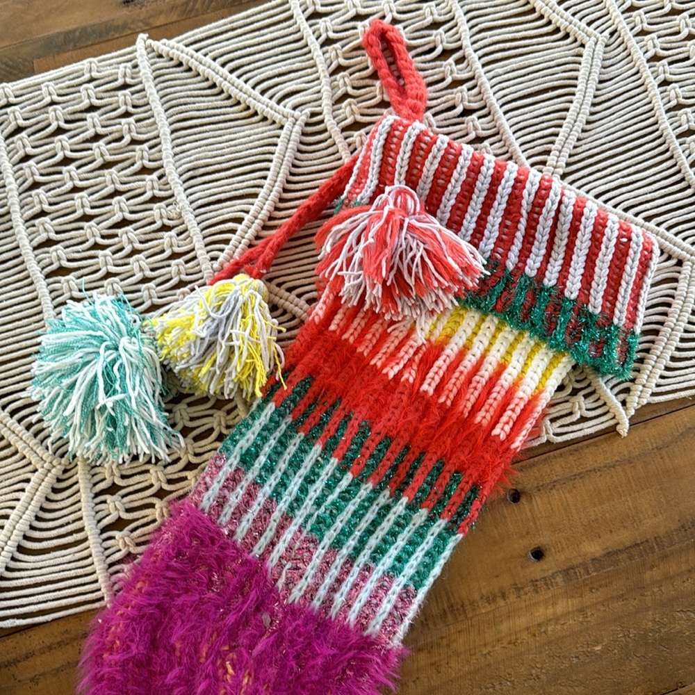 Anthropologie knit Pom Pom Christmas  stocking - Picture 3 of 7